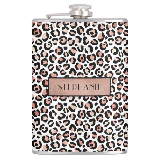 Chic Rose Gold Leopard Print Personalized Hip Flask (Front)