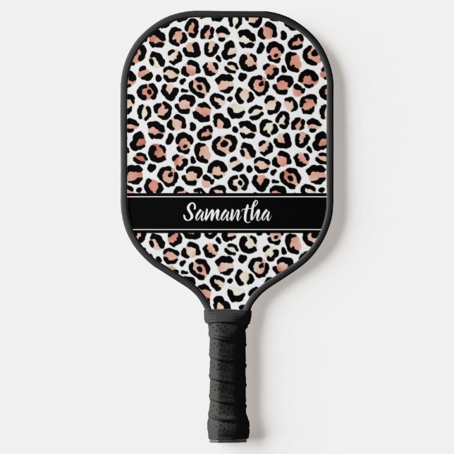 Chic Rose Gold Leopard Print Personalized Pickleball Paddle (Front)