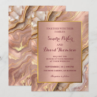 Chic Rose Gold Marble & Agate Wedding Invitation