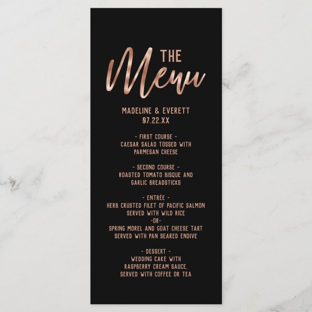 Chic Rose Gold Moderne Typographie Mariage Menu (Devant)
