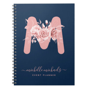 Chic Rose Gold Navy Floral Watercolor Monogram Notebook