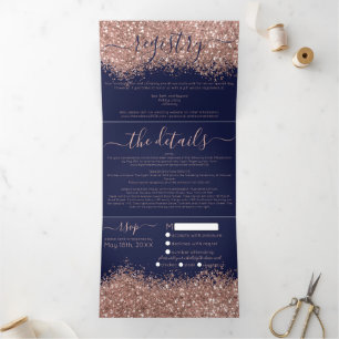 Chic Rose Gold Navy Glitter Registry Detail RSVP Tri-Fold Invitation