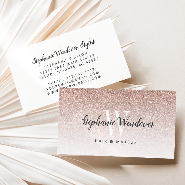 Chic Rose Gold Ombre Glitter Monogram Business Card (Creator Uploaded)