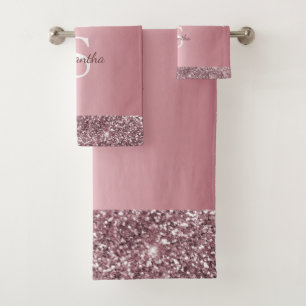 Chic Rose Gold Pink Glitter Drips Monogram Name Bath Towel Set