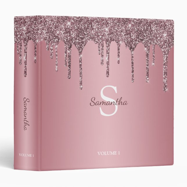 Chic Rose Gold Pink Glitter Drips Monogram Name Binder (Front/Spine)