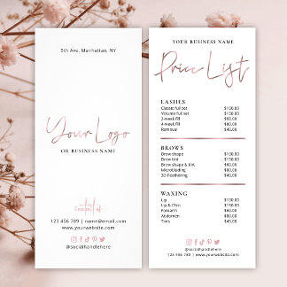 Chic Rose Gold Salon Price List Of Services Rack Card
