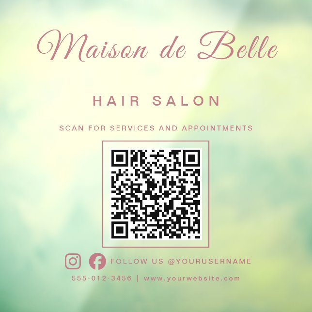 Chic Rose Gold Signature Script QR Code Business Window Cling (Sheet 3)