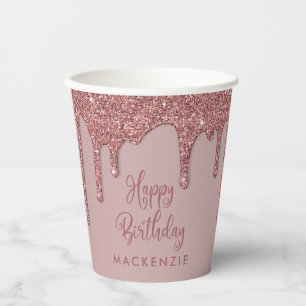 Chic Rose Gold Sparkle Glitter Drips Birthday Paper Cups