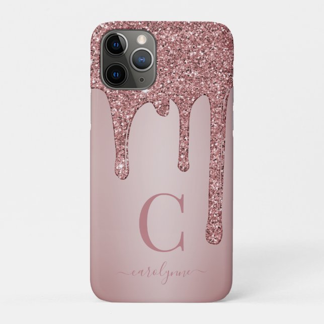 Chic Rose Gold Sparkle Glitter Drips Monogram Case-Mate iPhone Case (Back)