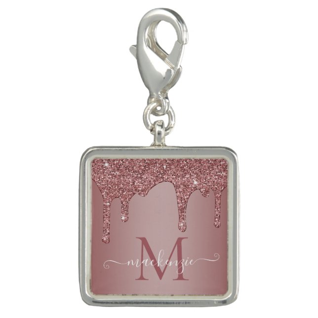 Chic Rose Gold Sparkle Glitter Drips Monogram Charm (Front)