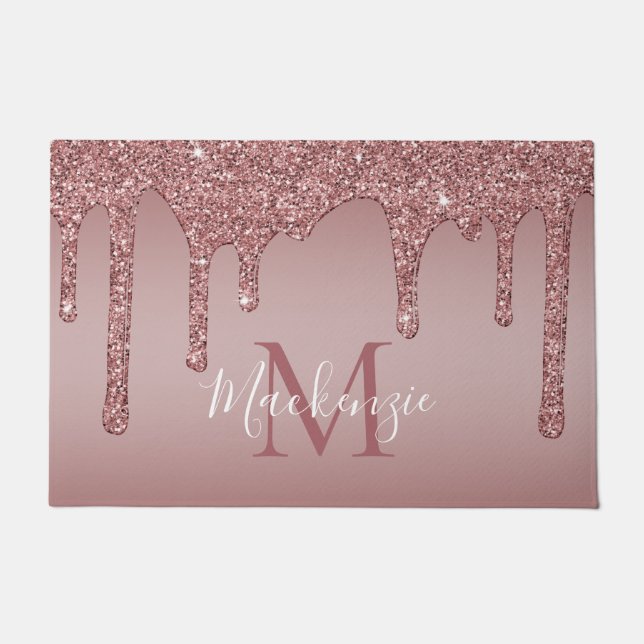 Chic Rose Gold Sparkle Glitter Drips Monogram Doormat (Front)
