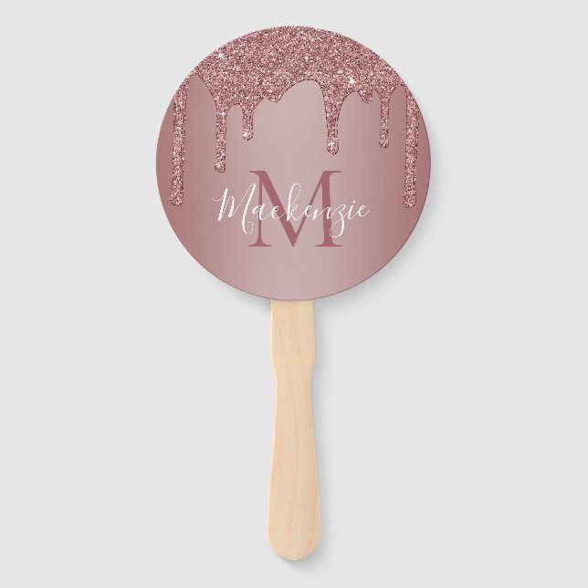 Chic Rose Gold Sparkle Glitter Drips Monogram Hand Fan (Front)