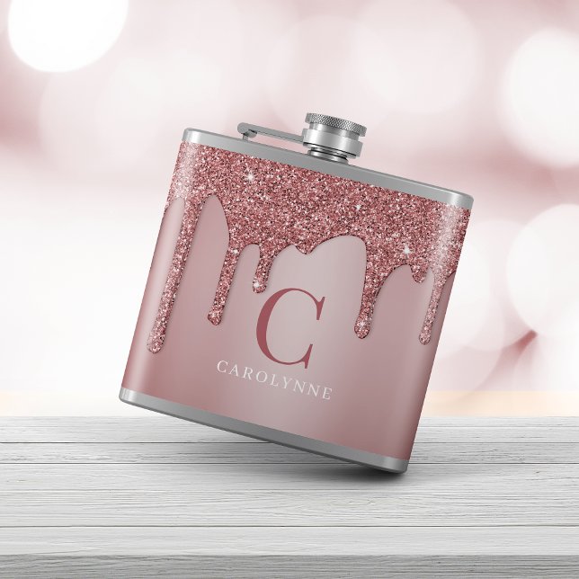 Chic Rose Gold Sparkle Glitter Drips Monogram Hip Flask (Creator Uploaded)