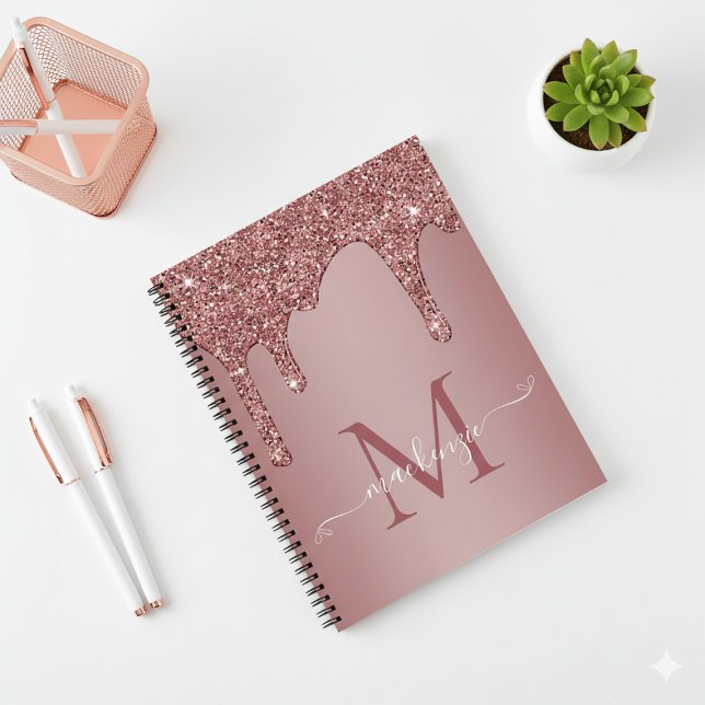 Chic Rose Gold Sparkle Glitter Drips Monogram Notebook (Chic Rose Gold Glitter Drips Monogram Notebook)