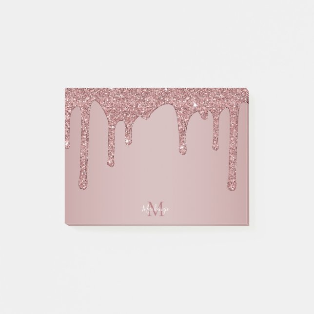Chic Rose Gold Sparkle Glitter Drips Monogram Post-it Notes (Front)