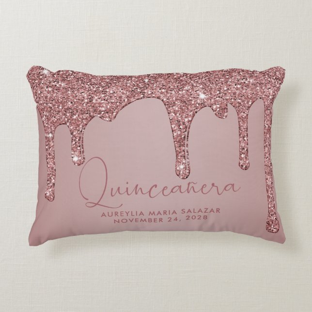 Chic Rose Gold Sparkle Glitter Drips Quinceanera Accent Pillow (Front)