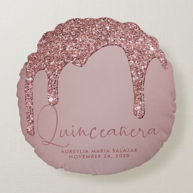 Chic Rose Gold Sparkle Glitter Drips Quinceanera Round Pillow (Front)
