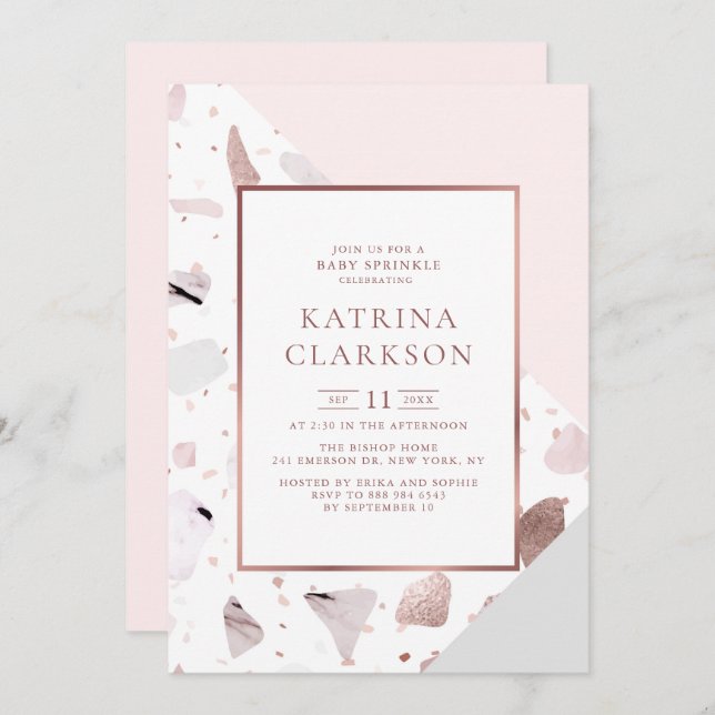 Chic Rose Gold Terrazzo Pattern Girl Baby Sprinkle Invitation (Front/Back)