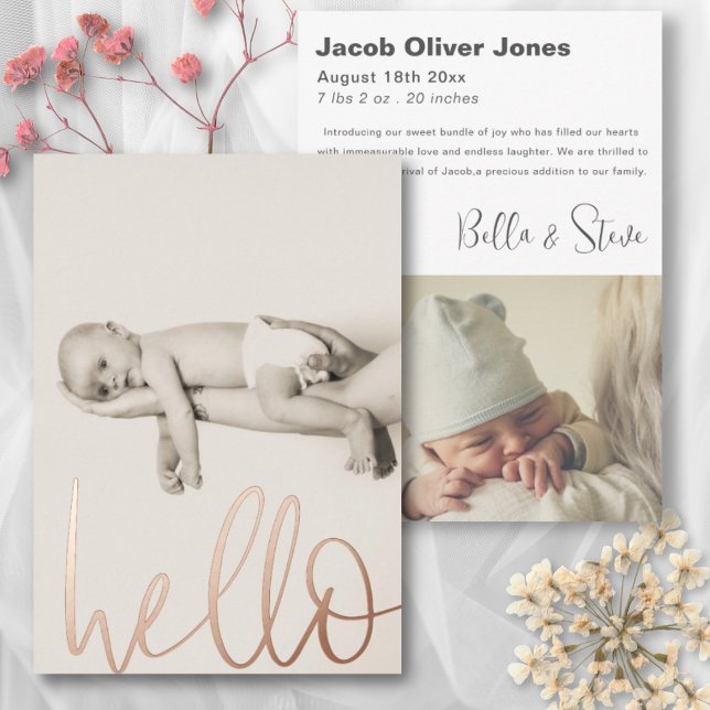 Chic Rose Gold Text Hello Photo Baby Announcement (Creator Uploaded)