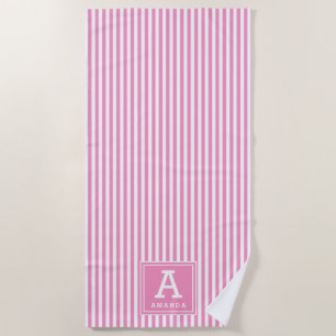 Chic Rose Pink Cabana Stripes Monogrammed Initial Beach Towel