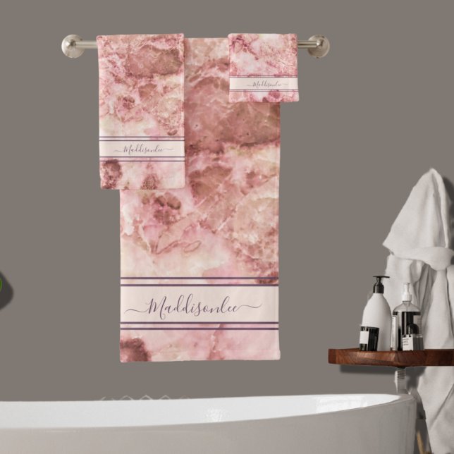Chic Rose Pink Crystal Monogram Name Marble Agate  Bath Towel Set (Creator Uploaded)