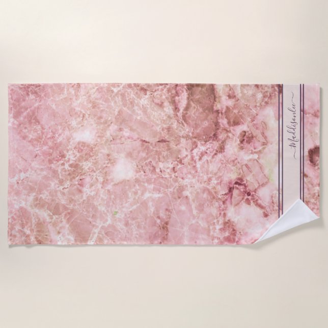 Chic Rose Pink Crystal Monogram Name Marble Agate  Beach Towel (Front)