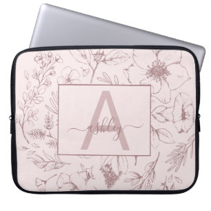 Chic Rose Pink Floral Script Name Monogram Laptop Sleeve