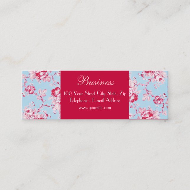 Chic Roses Blue Skinny Business Card 2 (Front)