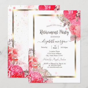 Chic Roses Flowers Gold Frame Retirement   Invitation