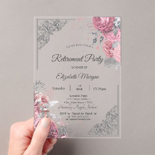 Chic Roses Flowers Silver Frame Retirement    Acrylic Invitations