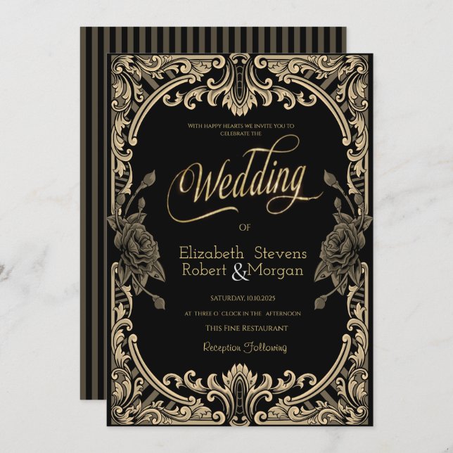 Chic Roses Frame ,Stripes Gothic Wedding Invitation (Front/Back)