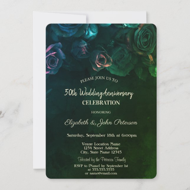 Chic Roses Green Wedding Anniversary Invitation (Front)