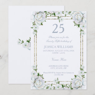 Chic Roses & Silver Border Floral 25th Birthday Invitation