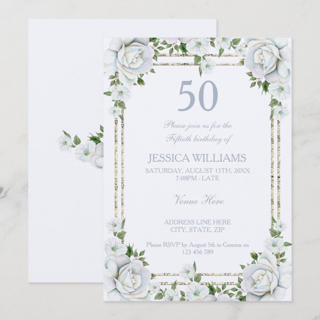 Chic Roses & Silver  Border Floral 50th Birthday Invitation (Front/Back)