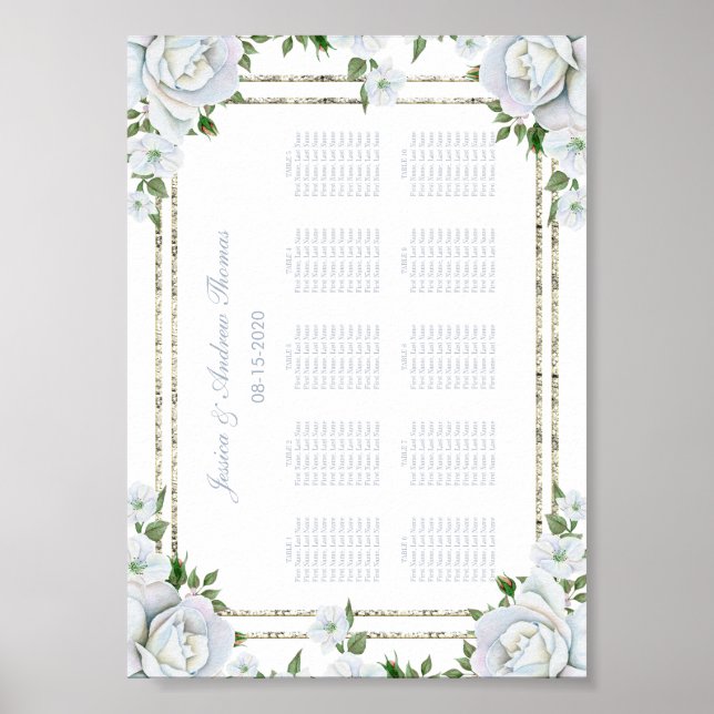 Chic Roses & Silver  Border Floral Seating Chart (Front)