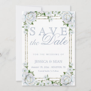 Chic Roses & Silver Border Floral Wedding Save The Date
