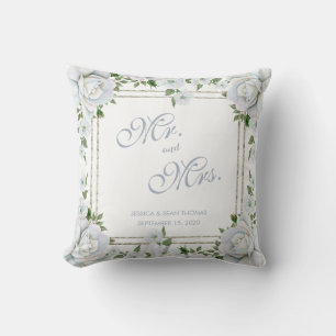 Chic Roses & Silver Border Floral Wedding Throw Pillow