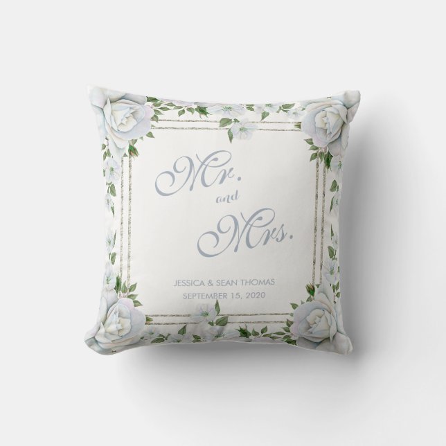 Chic Roses & Silver Border Floral Wedding Throw Pillow (Front)