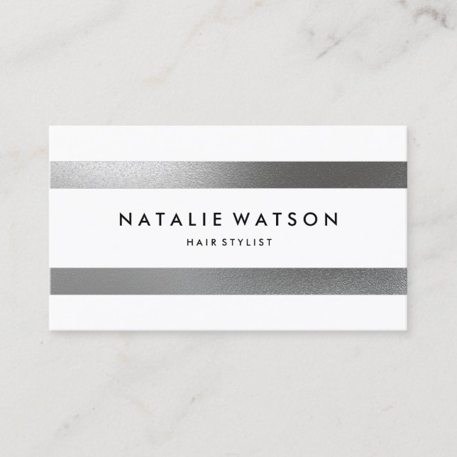 Chic Rough FAUX Silver Stripes White Modern Business Card (Front)