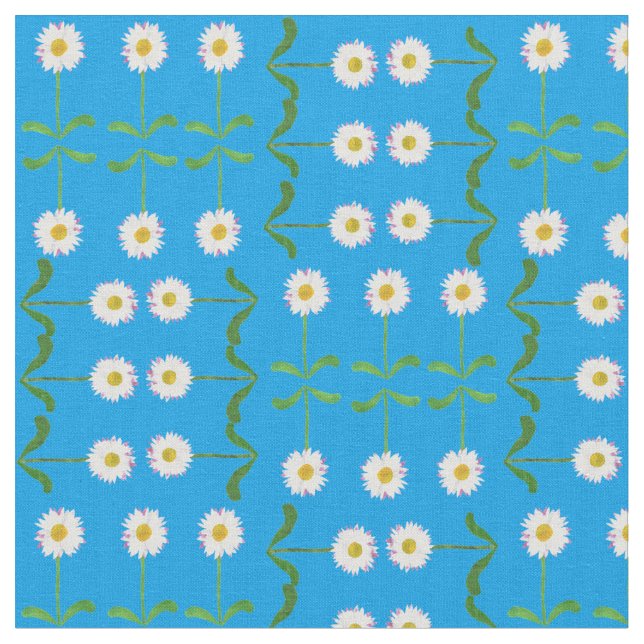 Chic Rows of Daisies on Sky Blue Custom Fabric (Close Up)