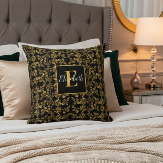 Chic Royal Black & Gold Floral Damask Custom Name Throw Pillow (Creator Uploaded)
