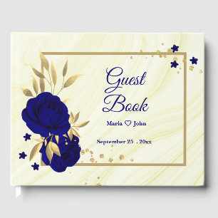 chic royal blue floral gold leaves geometric guest book