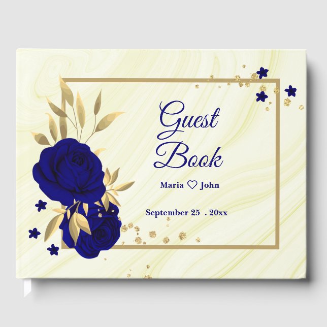 chic royal blue floral gold leaves geometric guest book (Front)