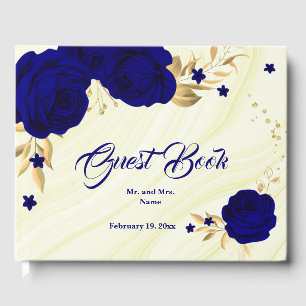 chic royal blue floral gold leaves guest book