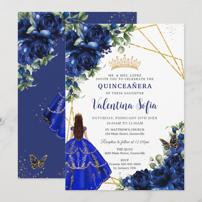 Chic Royal Blue Floral Princess Gold Quinceañera Invitation (Front/Back)