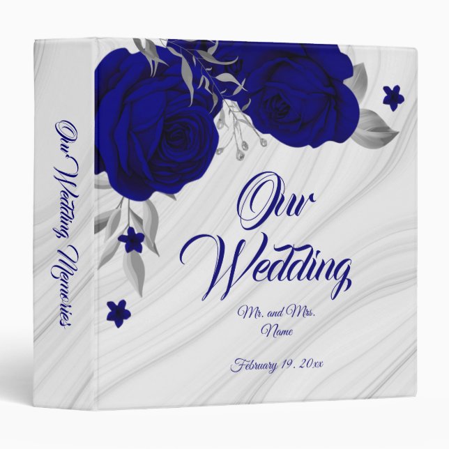 chic royal blue floral silver leaves marble album binder (Front/Spine)