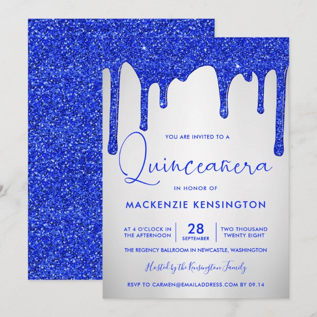 Chic Royal Blue Glitter Drips Silver Quinceañera Invitation (Front/Back)