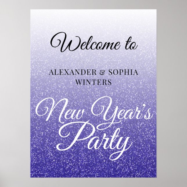 Chic Royal Blue Glitter New Years Party Welcome Poster (Front)