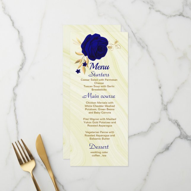 chic royal blue gold floral wedding  menu (Front/Back In Situ)