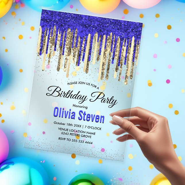 Chic royal blue gold glitter drips birthday  acrylic invitations (Creator Uploaded)